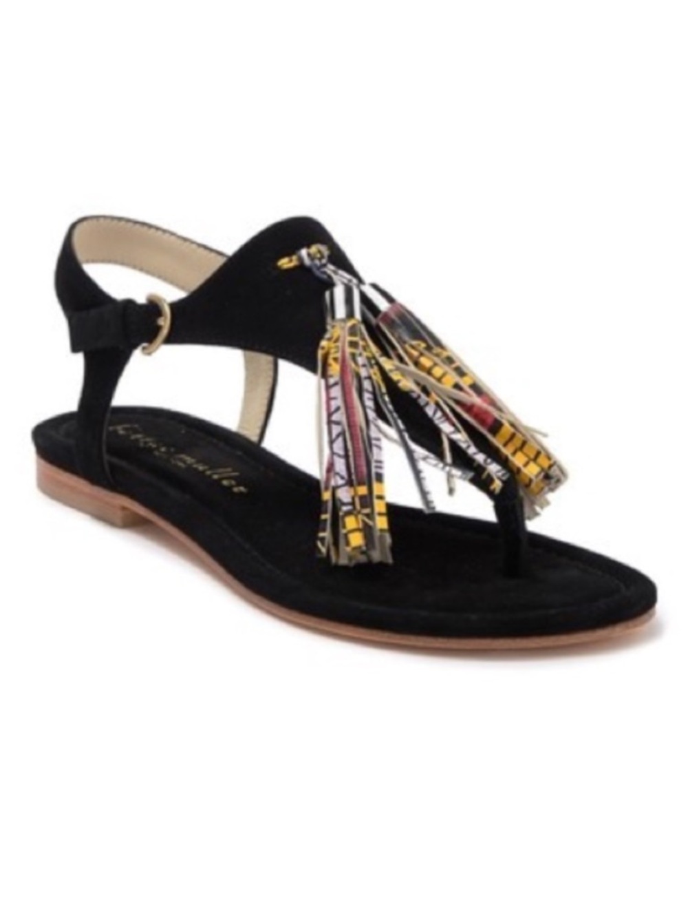 Bettye Muller Samba Suede Tassel Flat Sandal size 9 adjustable strap chic casual